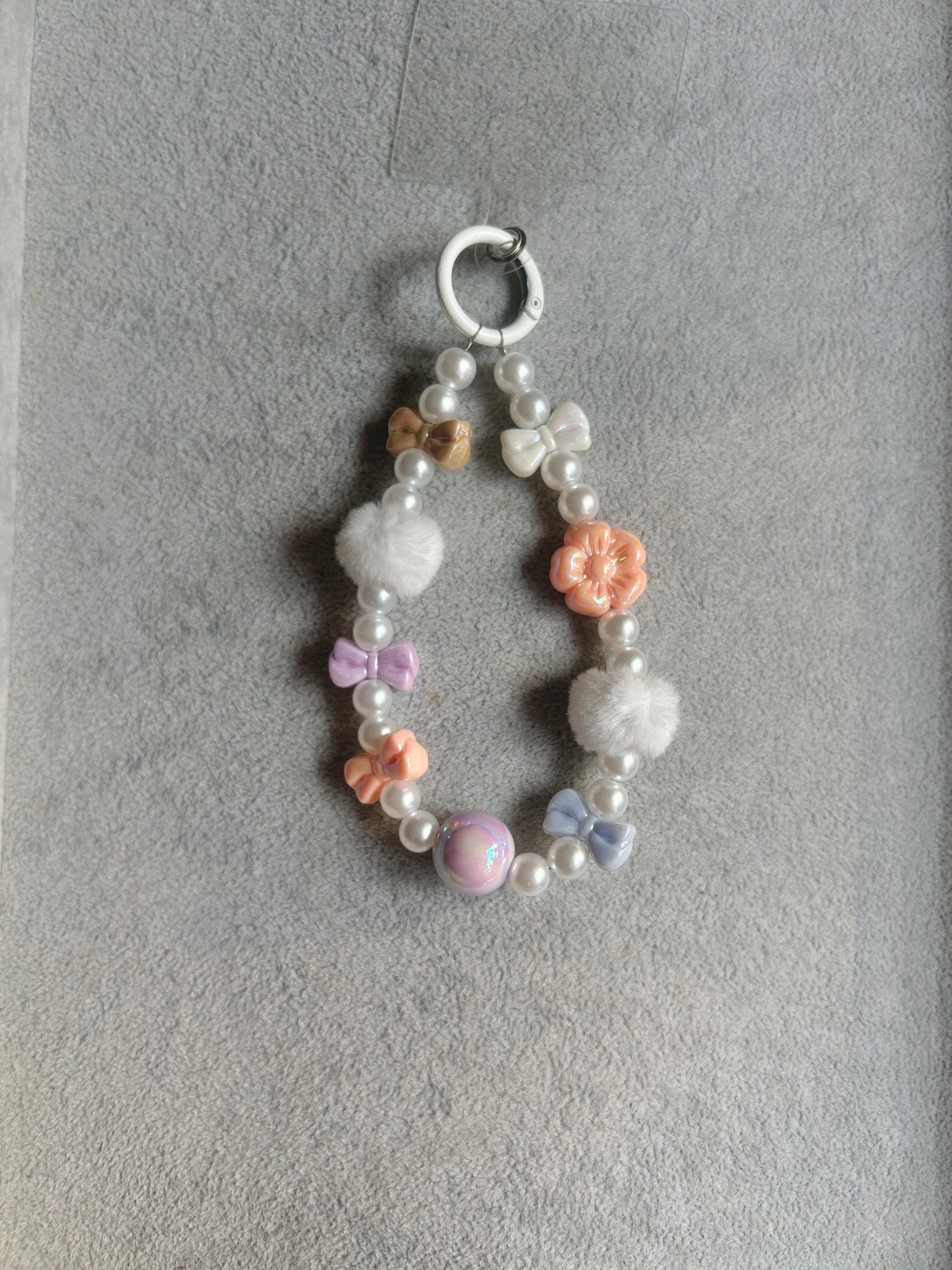 Pastel Bow Flower Pom-Pom Beaded Phone Charm - Silver Ring