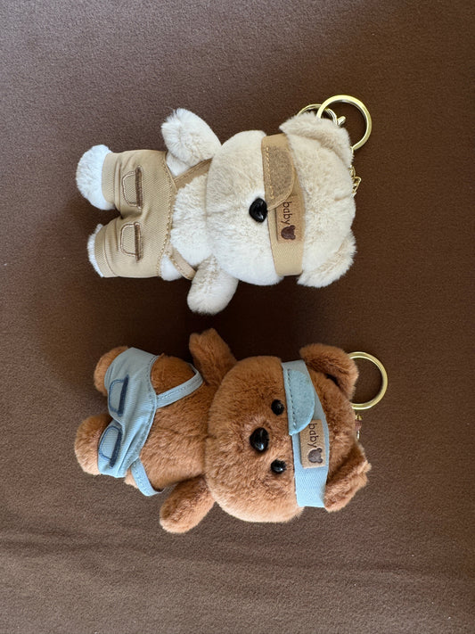 Baby Bear Bag Charms - Plush Keychain with Headband & Overalls