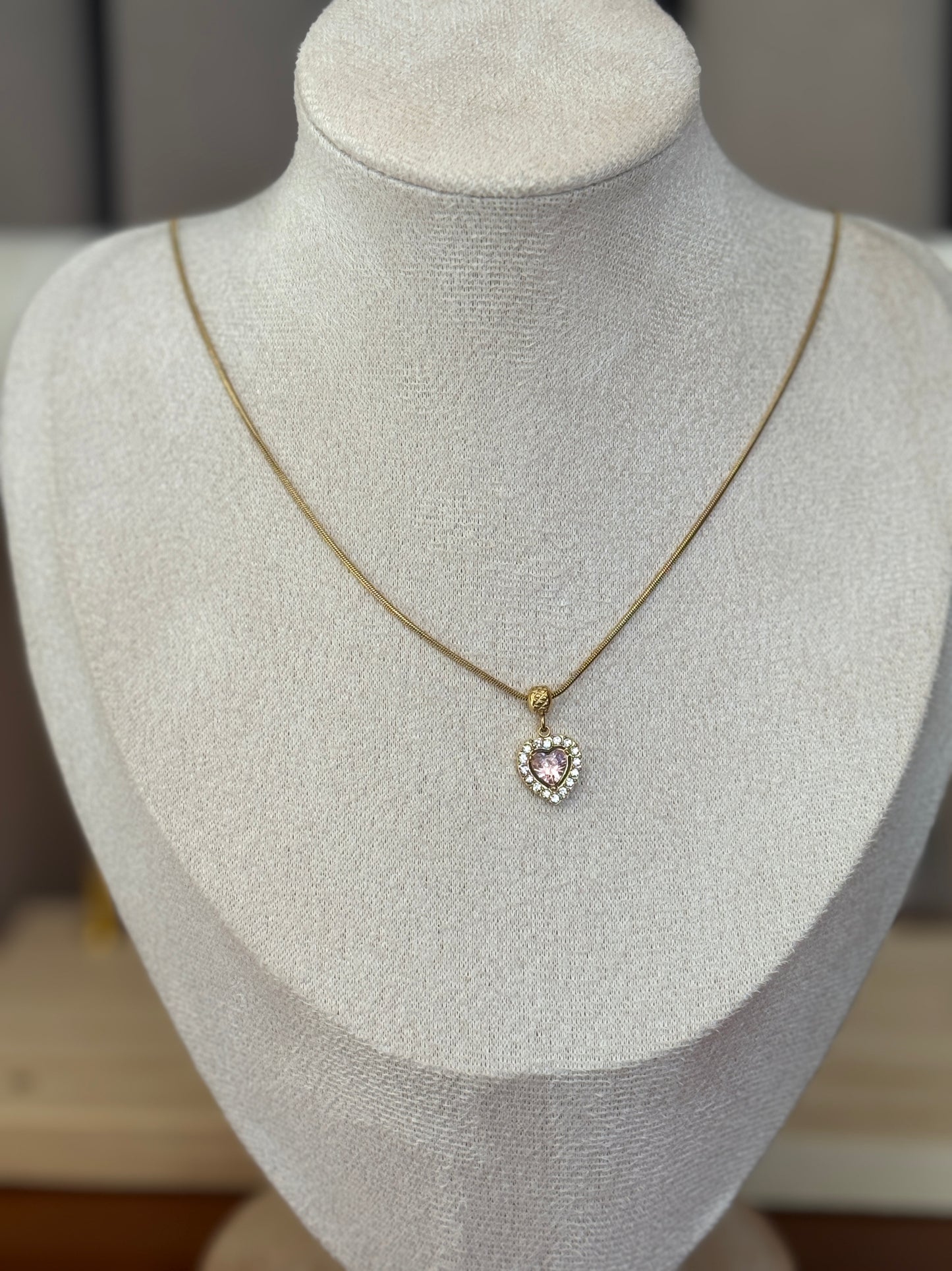 heart Necklace pink stone