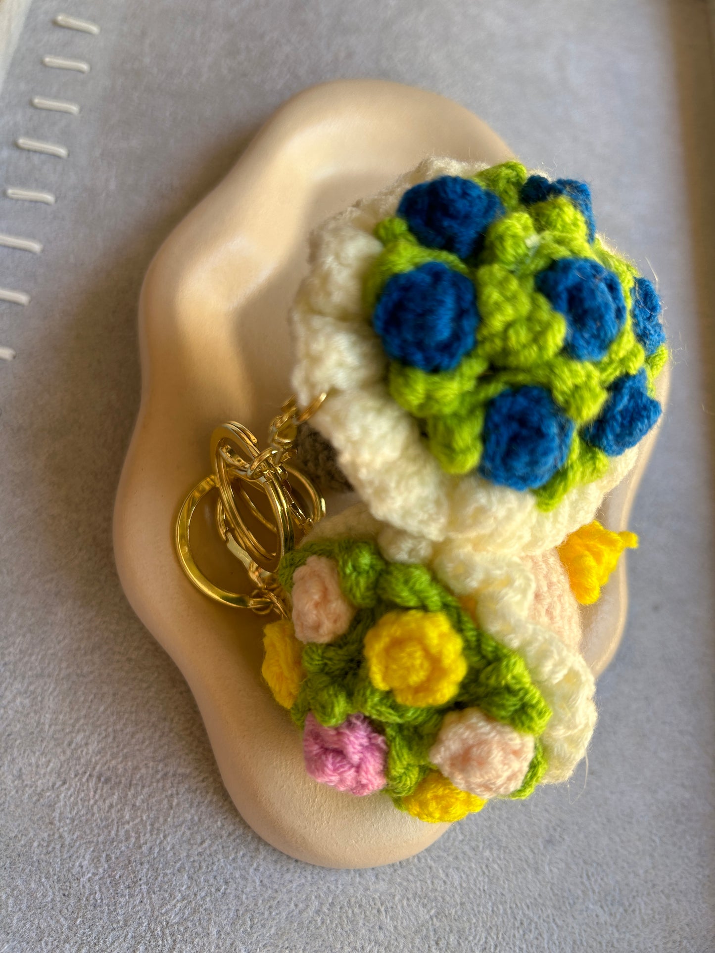 Crochet Blue Flower Bouquet Keychain