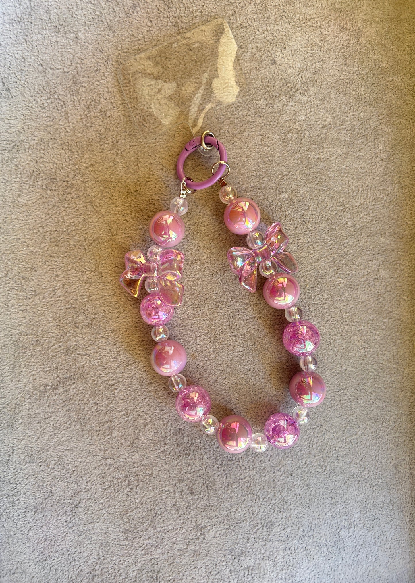 Pink Iridescent Bow Phone Charm - Glitter Beaded
