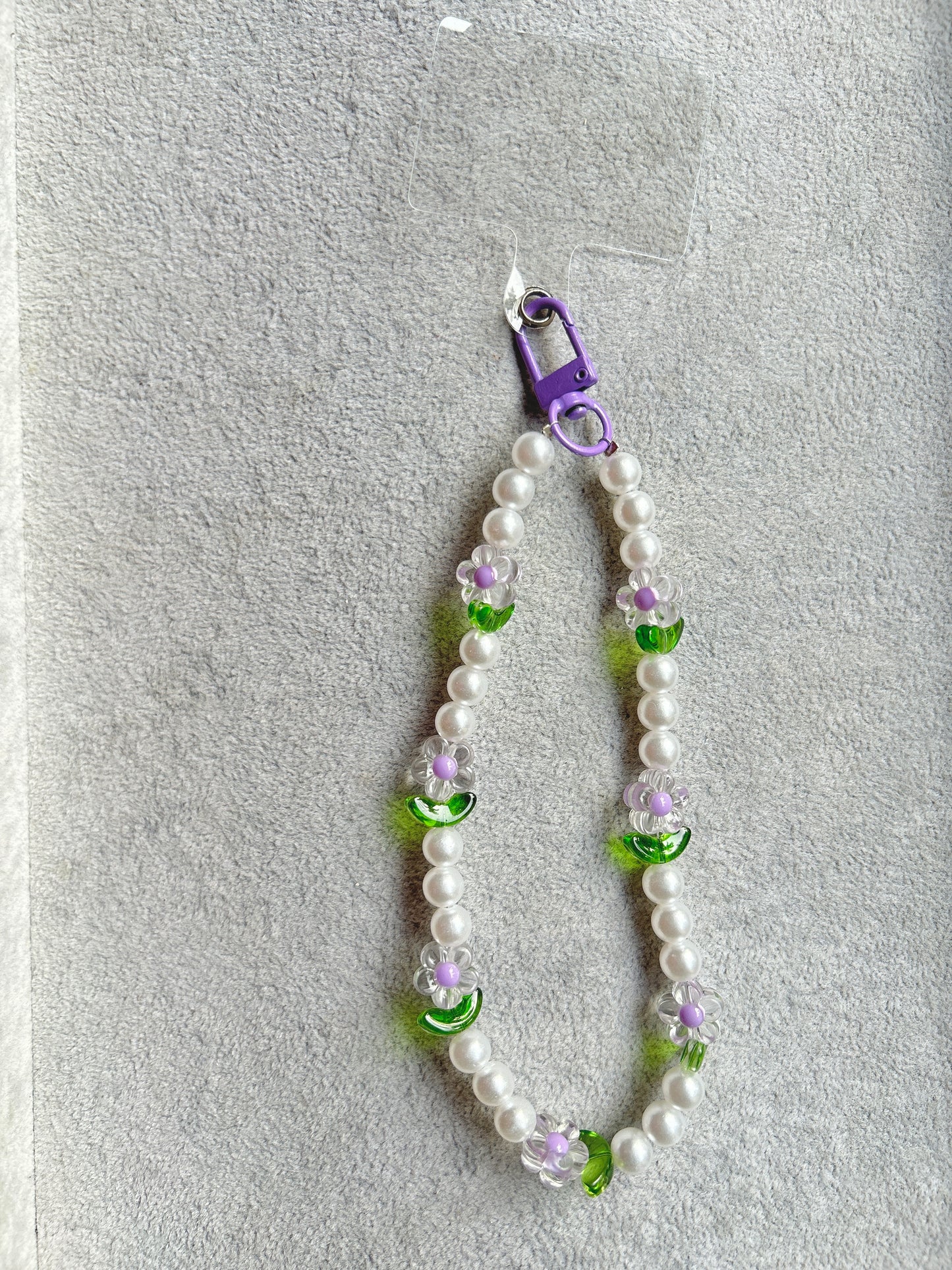 Purple Flower Green Heart Beaded Phone Charm - Purple Carabiner