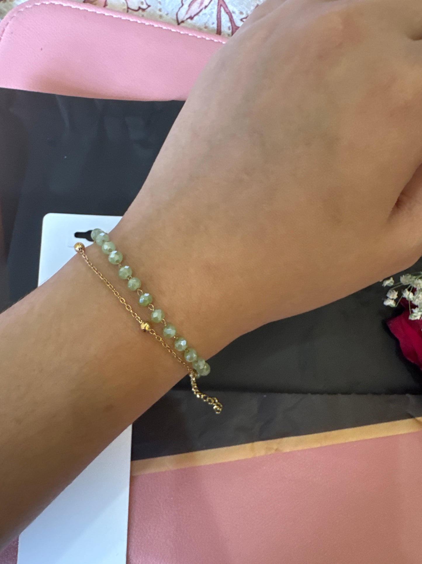 Double Layer Green Bead Bracelet-Gold