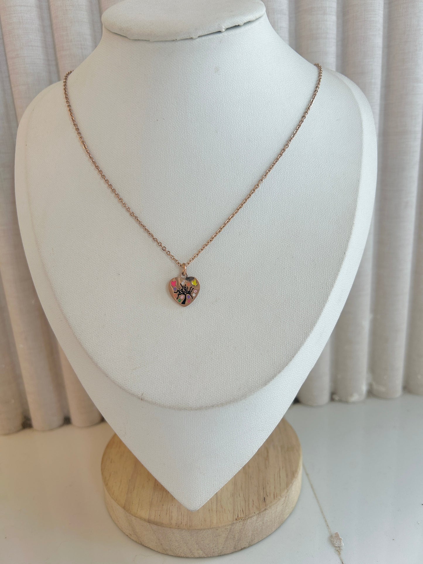 Pink Enamel Flower Heart Pendant Necklace