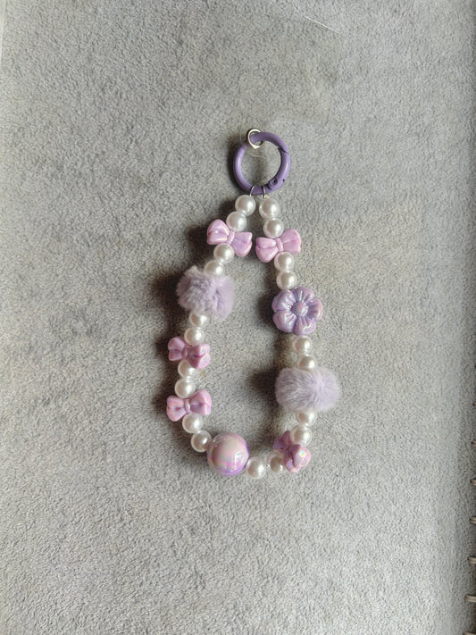 Pink Purple Bow Flower Pom-Pom Beaded Phone Charm - Purple Ring