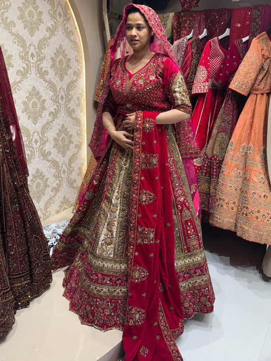 Cream and Rani pink Double duppatta Leganga Rent