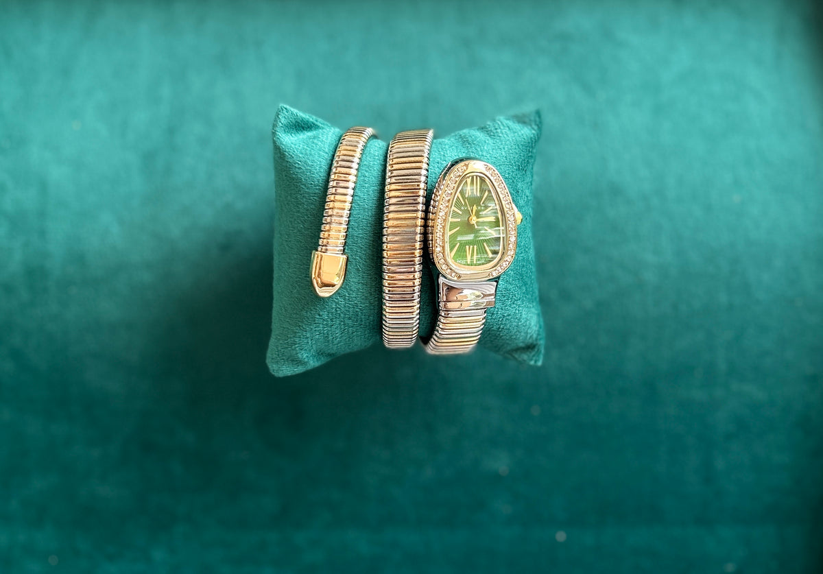 gold & silver Snake watch ( green dial )