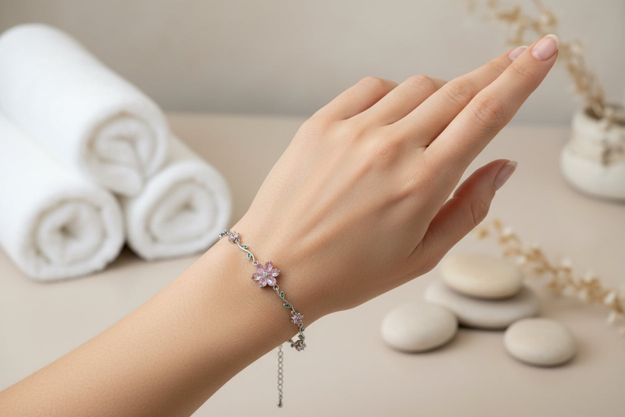 Pink flower silver brecelet