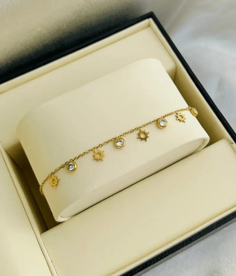Gold Sunburst Anklet White Stone single piece