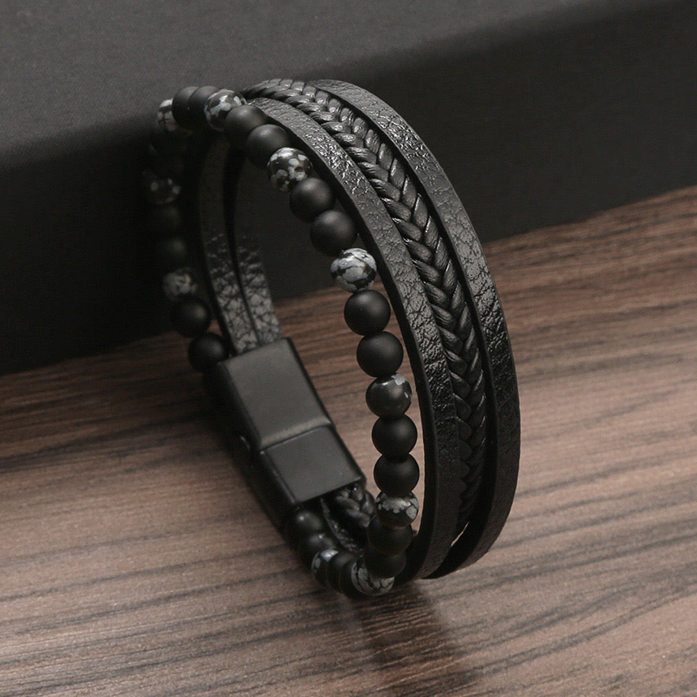 Fashion Round Pu Leather Alloy Black Beaded Men's Bracelets Men Beaded Bracelets