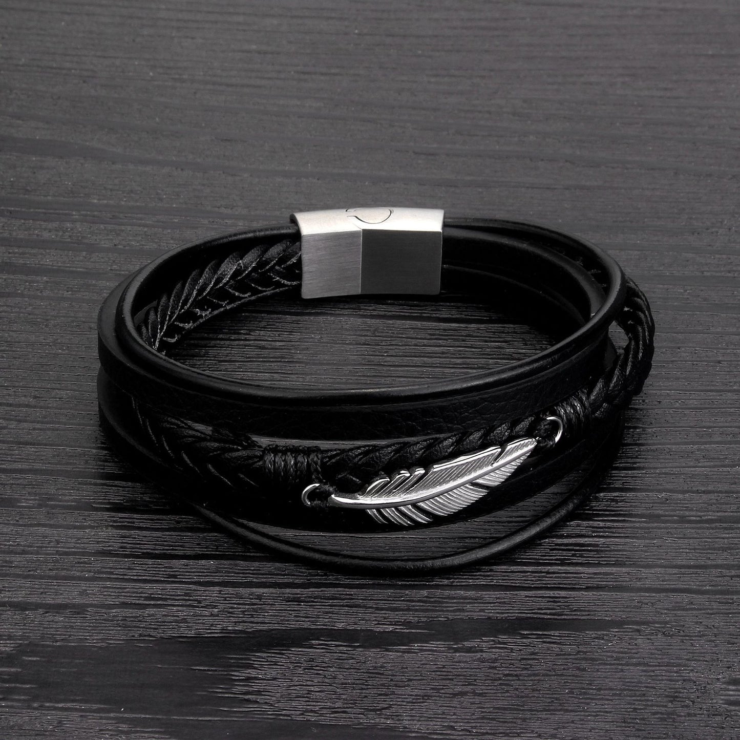 Feather Accent Leather Bracelet – Men’s Stainless Steel & Braided PU Leather
