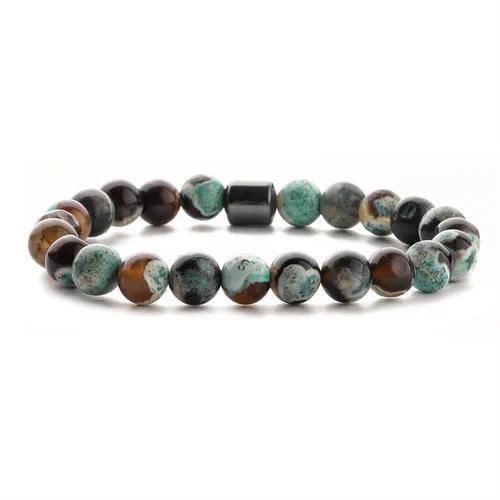 Brown & Turquoise Natural Stone Bead Bracelet with Steel Accent – Unisex