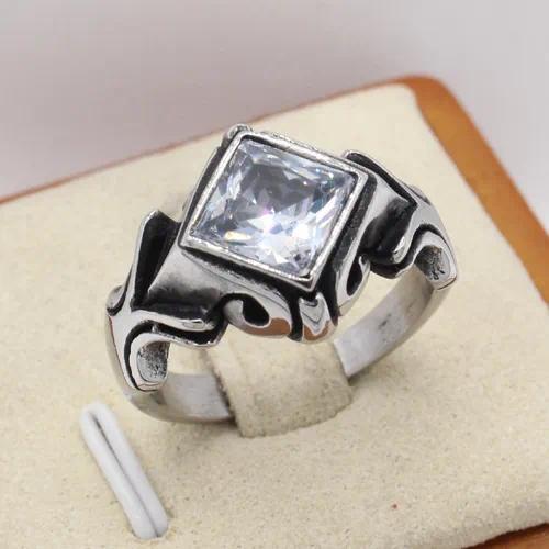 Men's Square Clear Stone Signet Ring with Antique Gothic Detailing