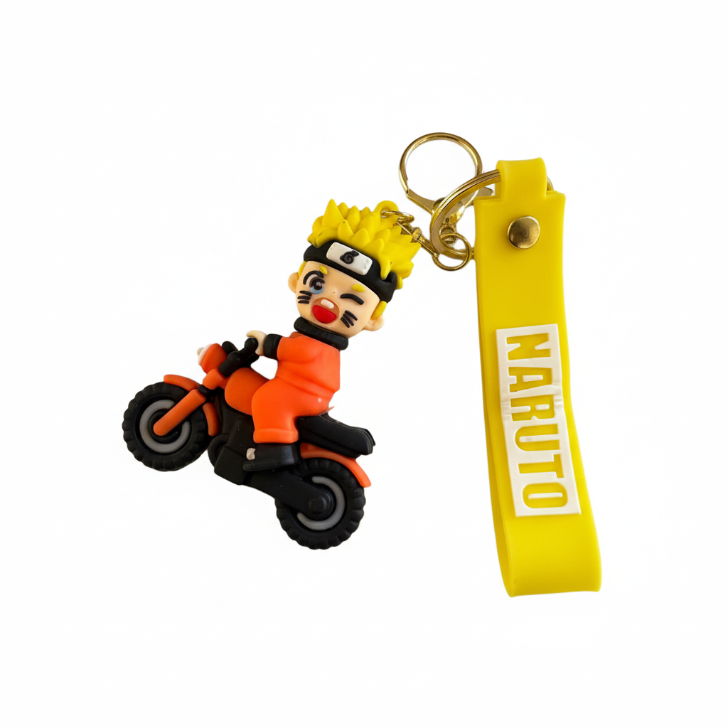 Anime character on motorcycle keychain with yellow strap and golden keyring on white background