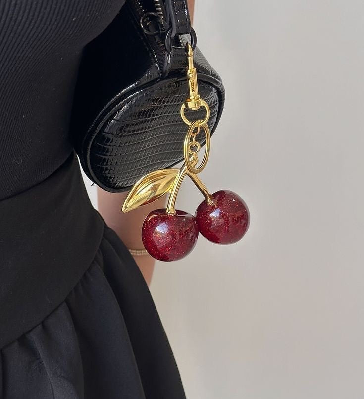Sparkly Red Cherry Keychain and Bag Charmwith Gold Leaf