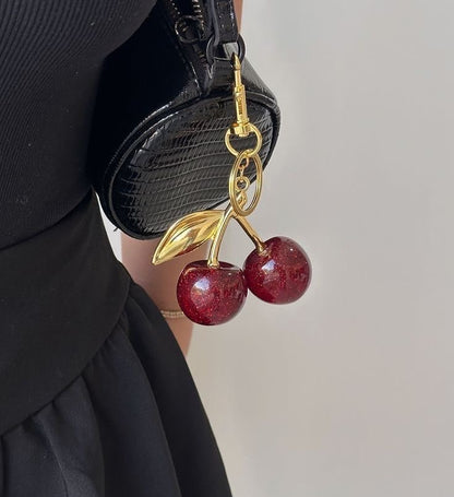 Sparkly Red Cherry Keychain and Bag Charmwith Gold Leaf