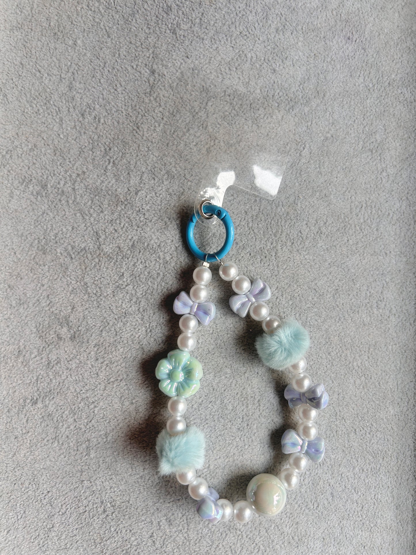 Blue Bow Flower Pom-Pom Beaded Phone Charm - Blue Ring