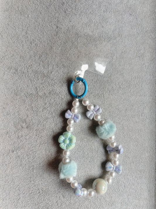 Blue Bow Flower Pom-Pom Beaded Phone Charm - Blue Ring