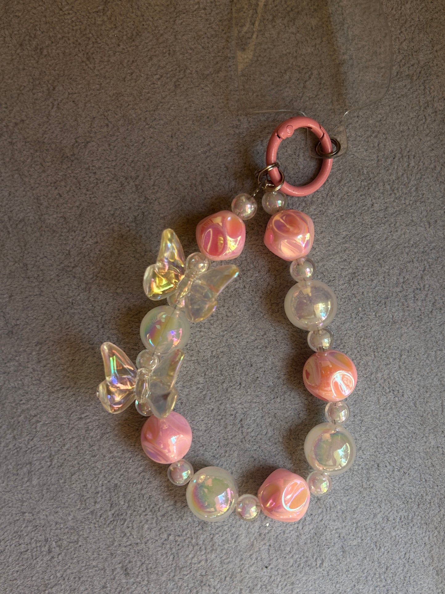 Iridescent Butterfly Phone Charm - Pink & Clear Beads