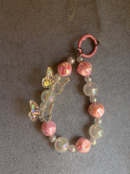 Iridescent Butterfly Phone Charm - Pink & Clear Beads