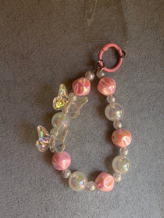 Iridescent Butterfly Phone Charm - Pink & Clear Beads