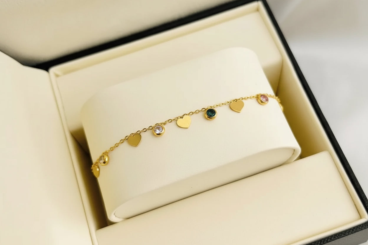 Gold Heart Anklet Multi Stone single pair