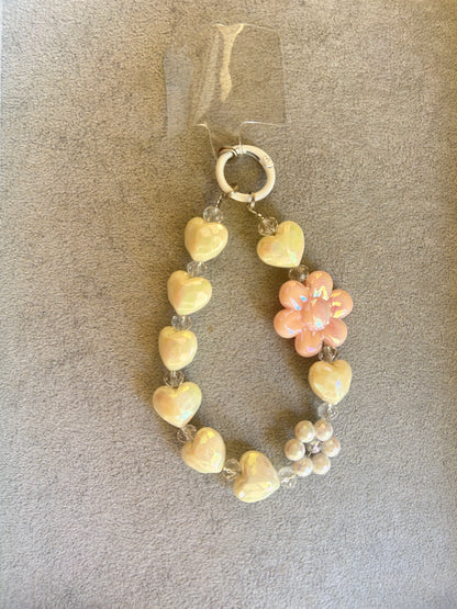 White Heart & Flower Phone Charm - Beaded