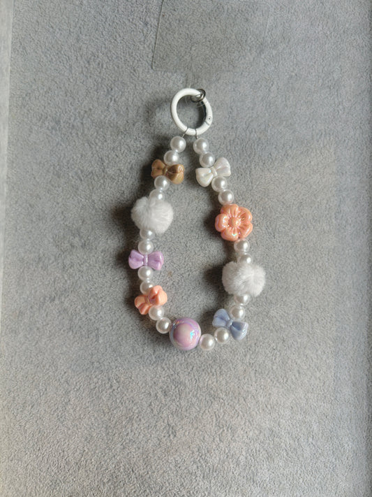 Pastel Bow Flower Pom-Pom Beaded Phone Charm - Silver Ring