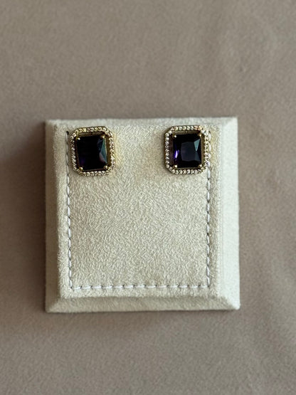 EMERALD CUT HALO STUD BLUE AD EARRINGS