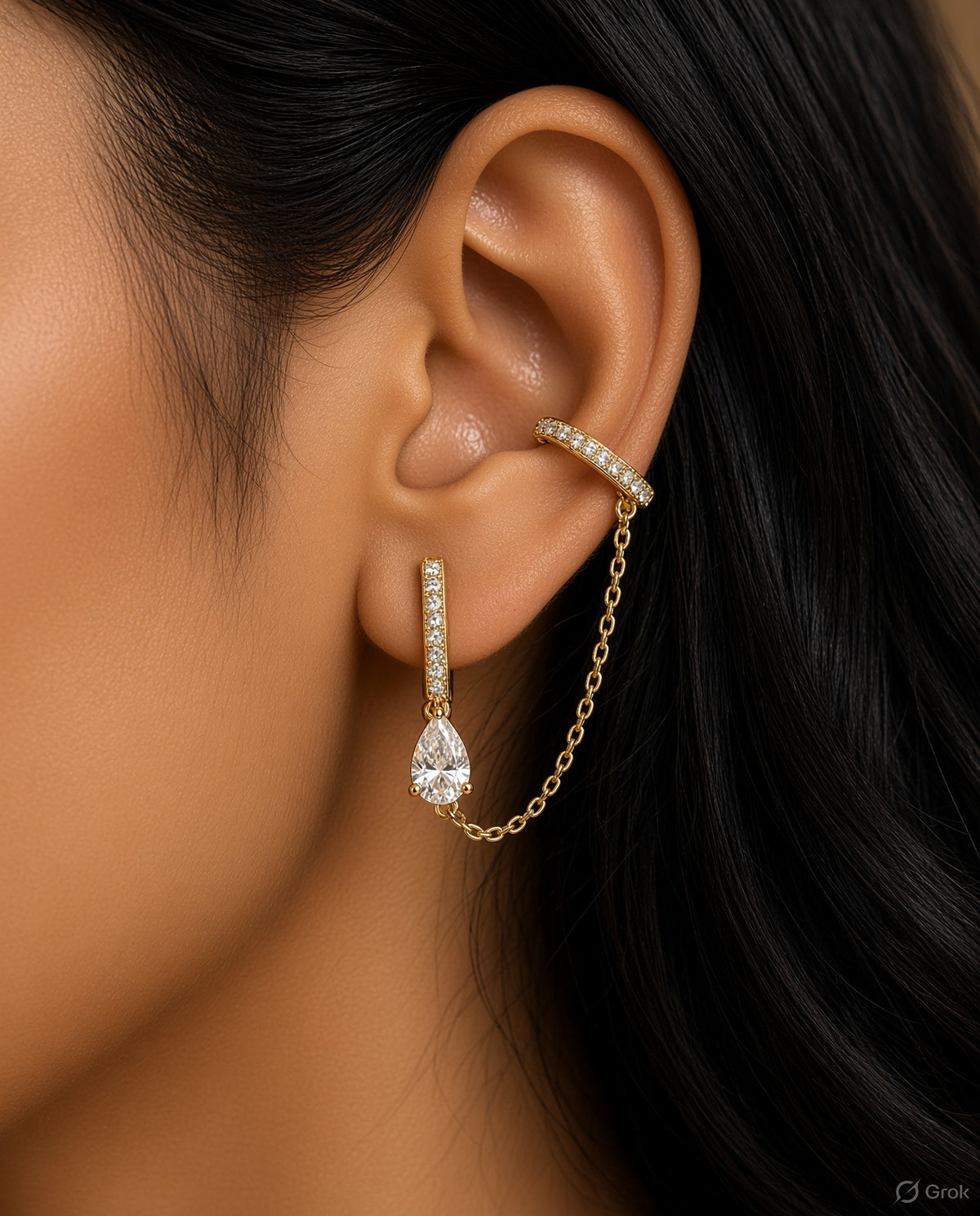 Teardrop Ear Clip Chain Earring