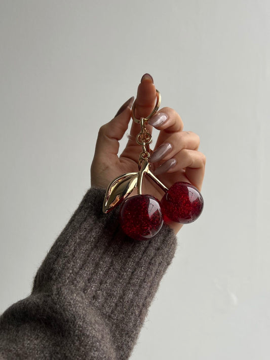 Sparkly Red Cherry Keychain and Bag Charmwith Gold Leaf
