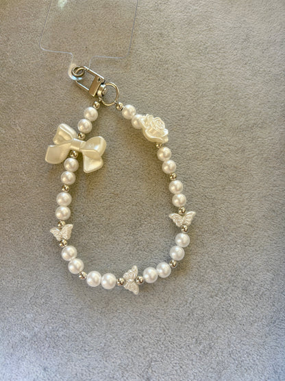 White Pearl Bow Butterfly Beaded Phone Charm - Silver Carabiner