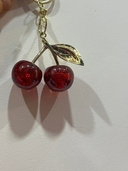 Sparkly Red Cherry Keychain and Bag Charmwith Gold Leaf