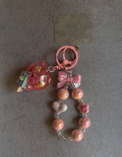 Cute Bear with Bow Phone Charm - Pink Beaded