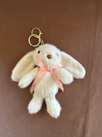 Fluffy Bunny Bag Charm - Soft Plush Keychain with Pink Ribbon