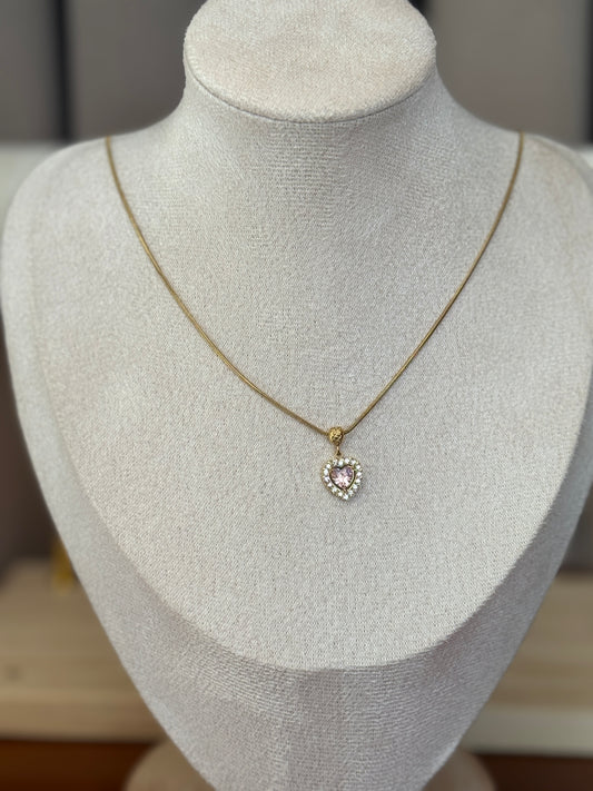 heart Necklace pink stone