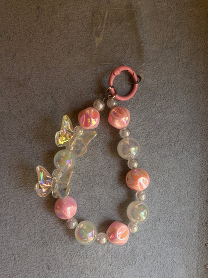 Iridescent Butterfly Phone Charm - Pink & Clear Beads