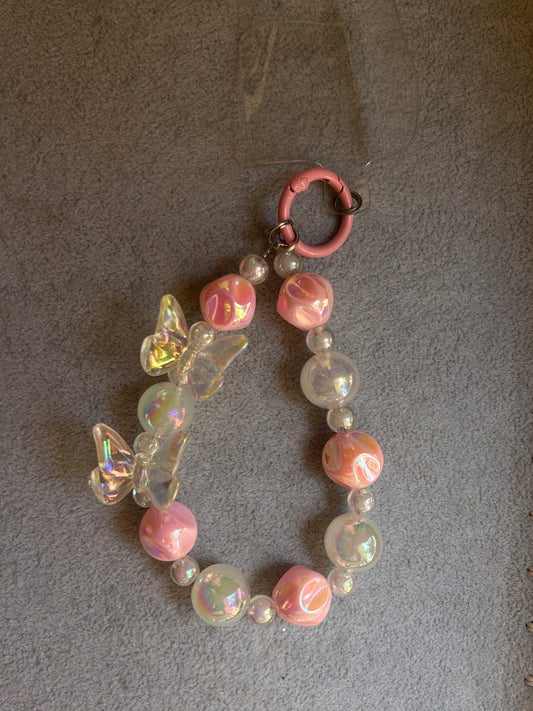 Iridescent Butterfly Phone Charm - Pink & Clear Beads