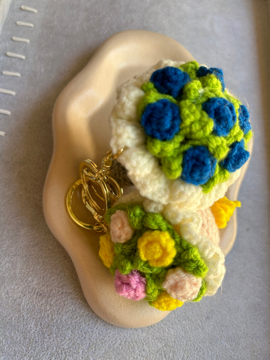 Crochet Blue Flower Bouquet Keychain