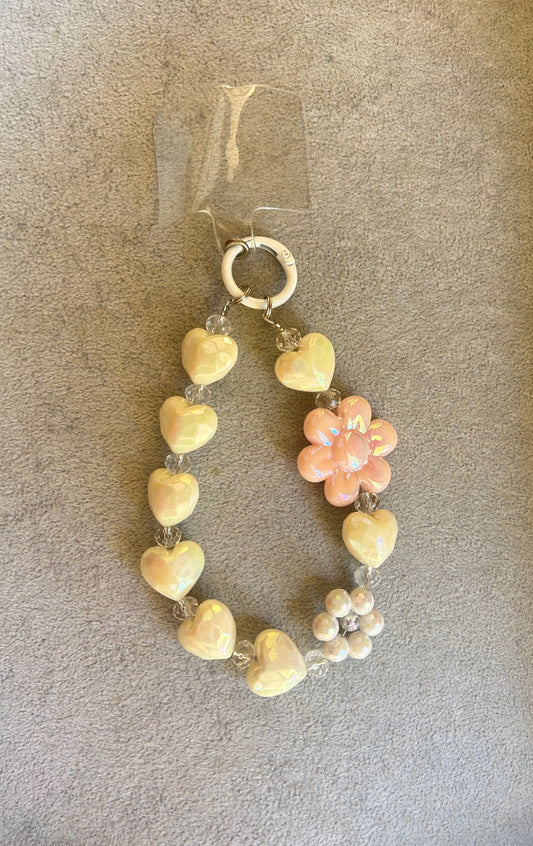 White Heart & Flower Phone Charm - Beaded
