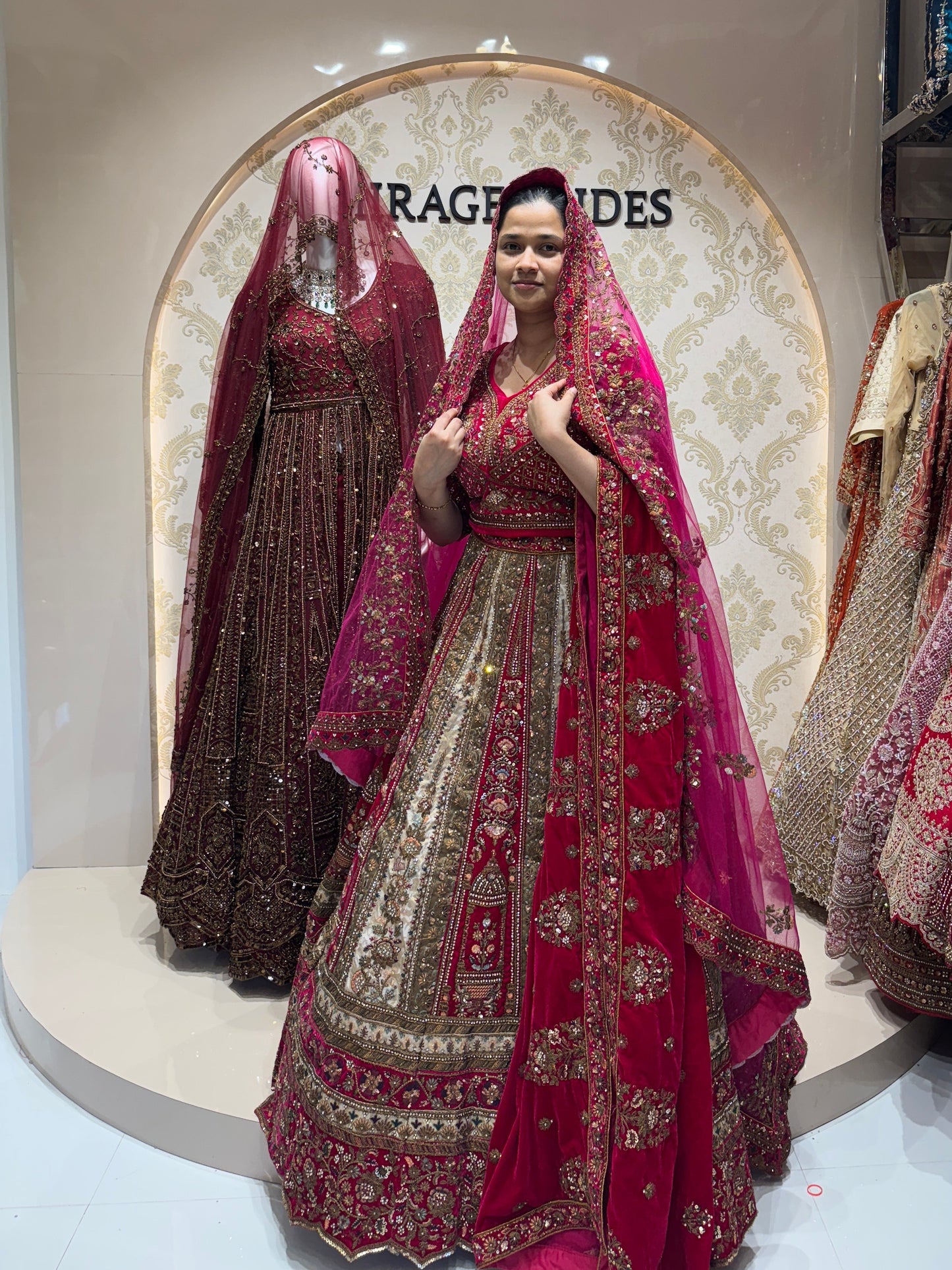 Cream and Rani pink Double duppatta Leganga Rent