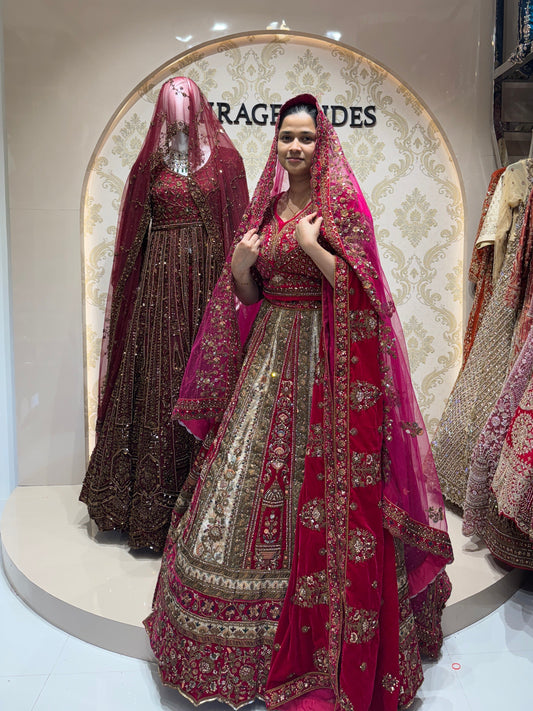 Cream and Rani pink Double duppatta Leganga Rent