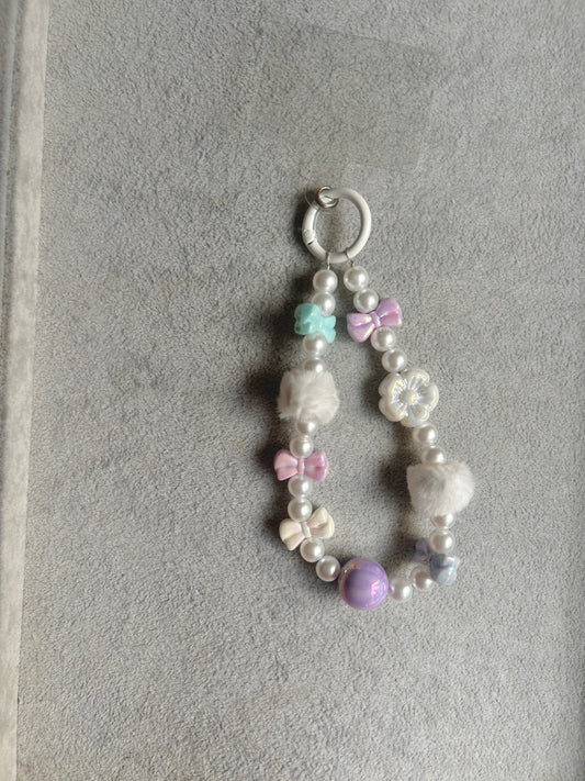 Pastel Flower Bow Beaded Phone Charm - Silver Ring