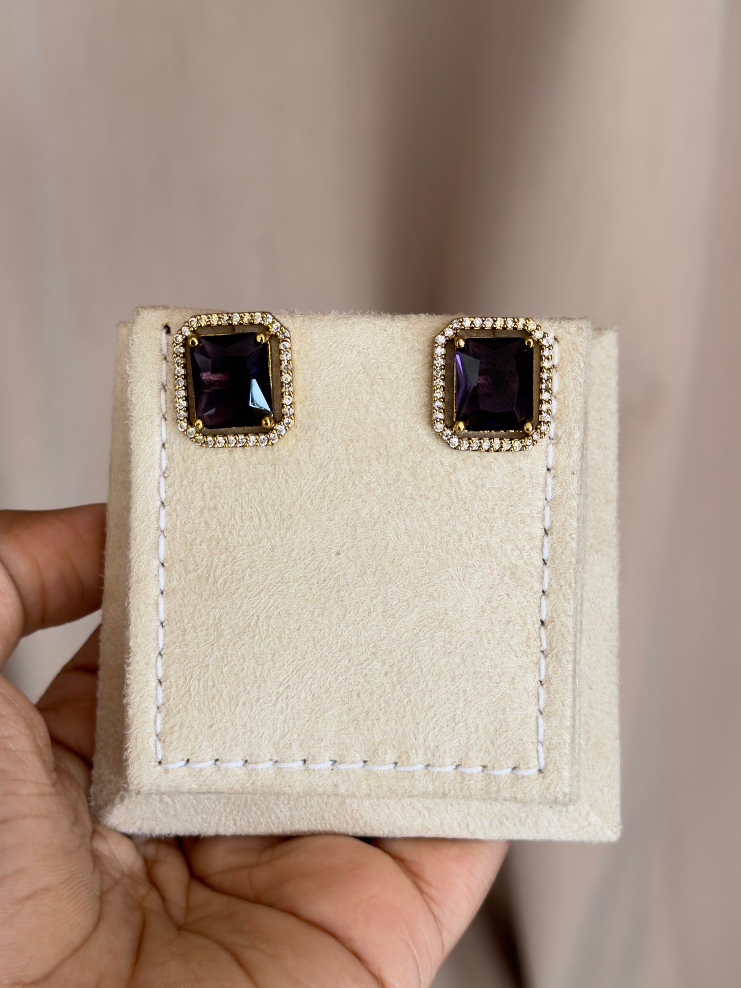 EMERALD CUT HALO STUD BLUE AD EARRINGS