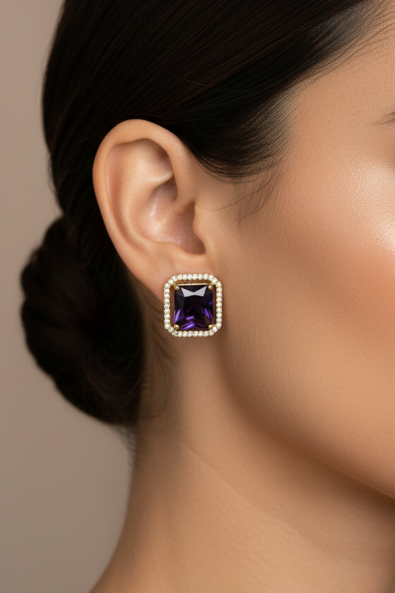 EMERALD CUT HALO STUD BLUE AD EARRINGS