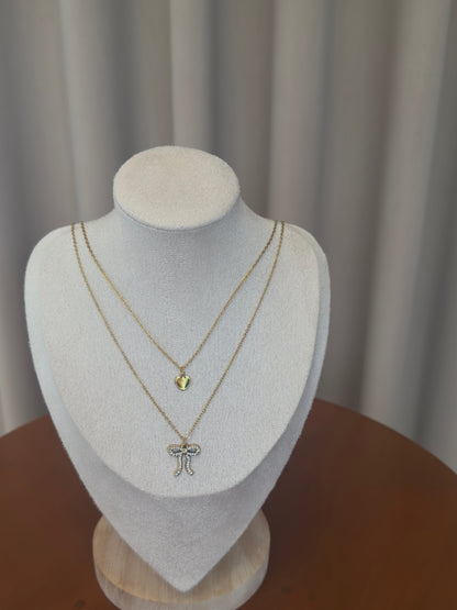 Golden Bow & Heart Layered Necklace Set