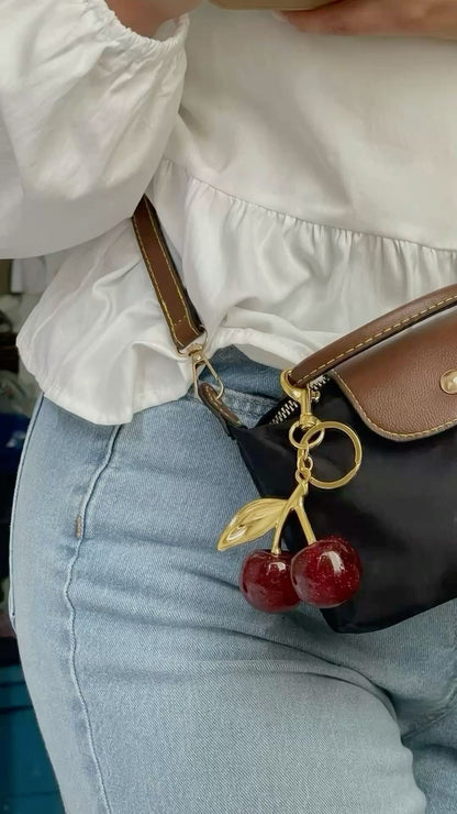 Sparkly Red Cherry Keychain and Bag Charmwith Gold Leaf