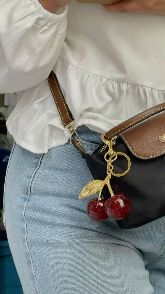 Sparkly Red Cherry Keychain and Bag Charmwith Gold Leaf