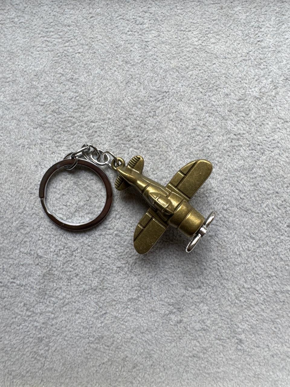 Vintage Propeller Plane Keychain in Antique Brass