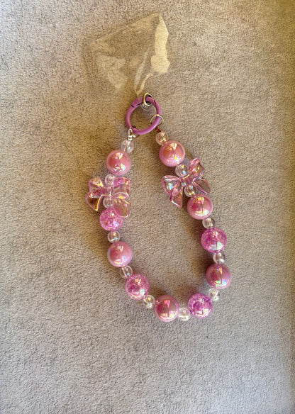 Pink Iridescent Bow Phone Charm - Glitter Beaded